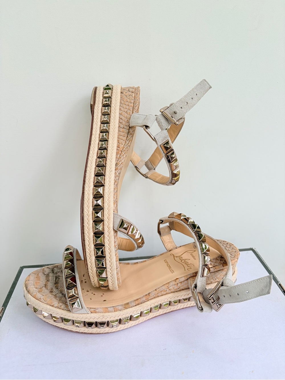 Christian Louboutin Beige Studded Espadrille Platform Sandals